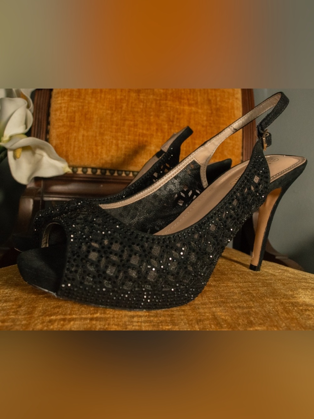 SIZE 11 Rhinestone Mesh Platform Peep Toe Slingback